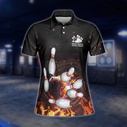 Personalized Womens Flame Bowling Polo Shirt, Custom Flame Bowling Team Shirts Ladies BZ0744
