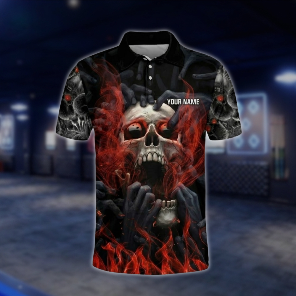 Personalized Smoke Skeketon Red Black Bowling Polo Shirt Mens, Custom Skull Bowling Shirt With Name BZ0762