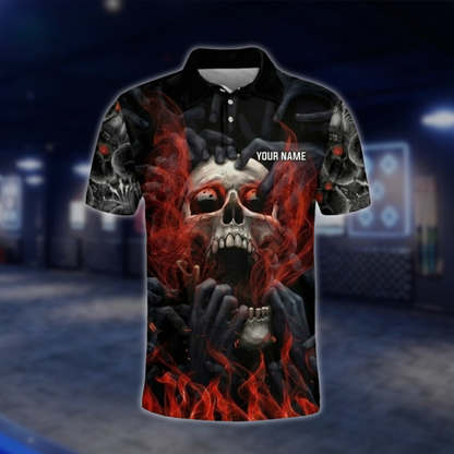 Personalized Smoke Skeketon Red Black Bowling Polo Shirt Mens, Custom Skull Bowling Shirt With Name BZ0762
