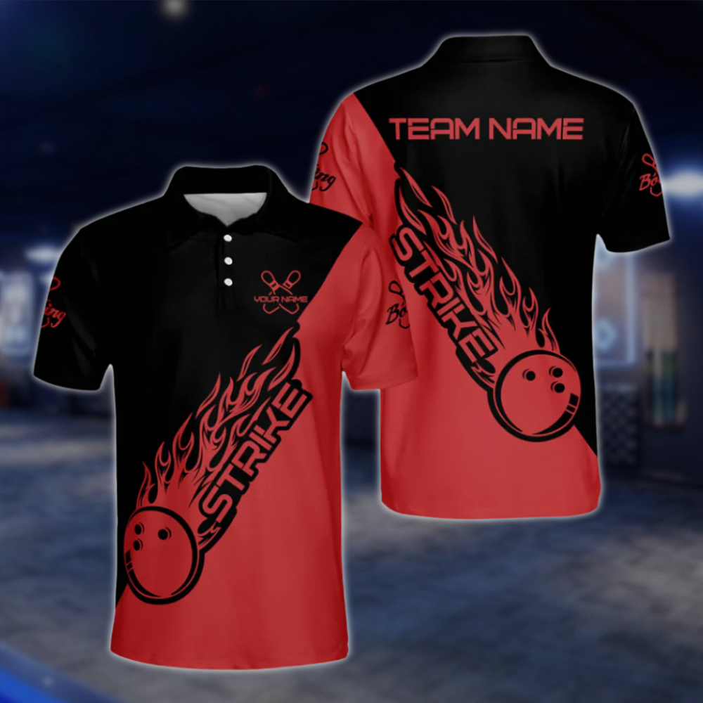 Customized Black Blue Flame Ball Strike Bowling Polo Shirts For Men, Custom Flame Bowling Team Shirts BM0304