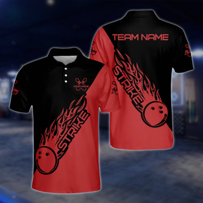Customized Black Blue Flame Ball Strike Bowling Polo Shirts For Men, Custom Flame Bowling Team Shirts BM0304