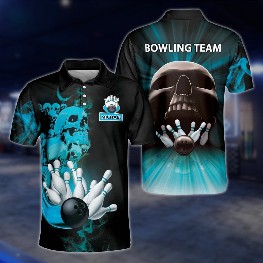 Custom Skeleton Fire Mens Bowling Polo Shirt, Custom Skull Bowling Team Shirts BZ0189