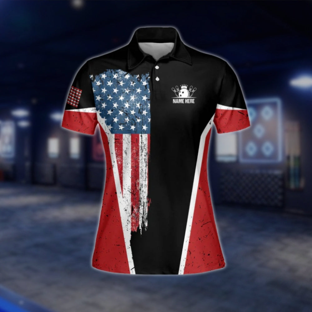 Custom Womens American Flag Bowling Polo Shirt, Red Black Custom Patriotic Ladies Bowling Shirts BW0039
