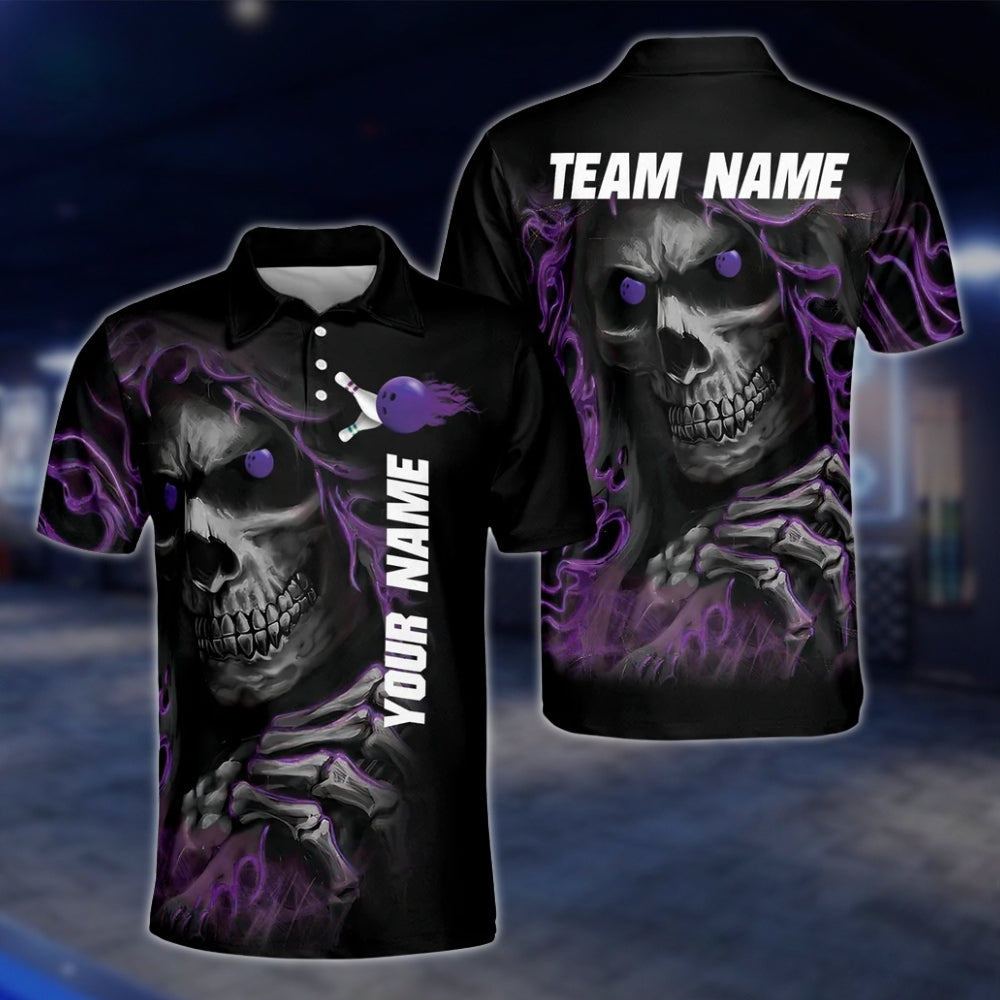 Skeleton Green Black Custom Mens Bowling Polo Shirt, Custom Skull Bowling Team Shirts BZ0009