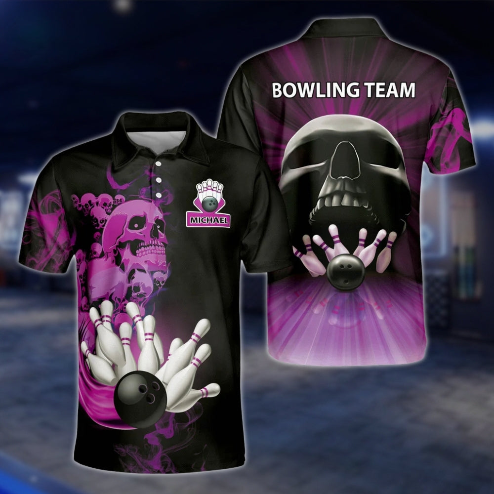 Custom Skeleton Fire Mens Bowling Polo Shirt, Custom Skull Bowling Team Shirts BZ0189