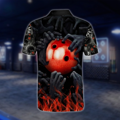 Personalized Smoke Skeketon Red Black Bowling Polo Shirt Mens, Custom Skull Bowling Shirt With Name BZ0762