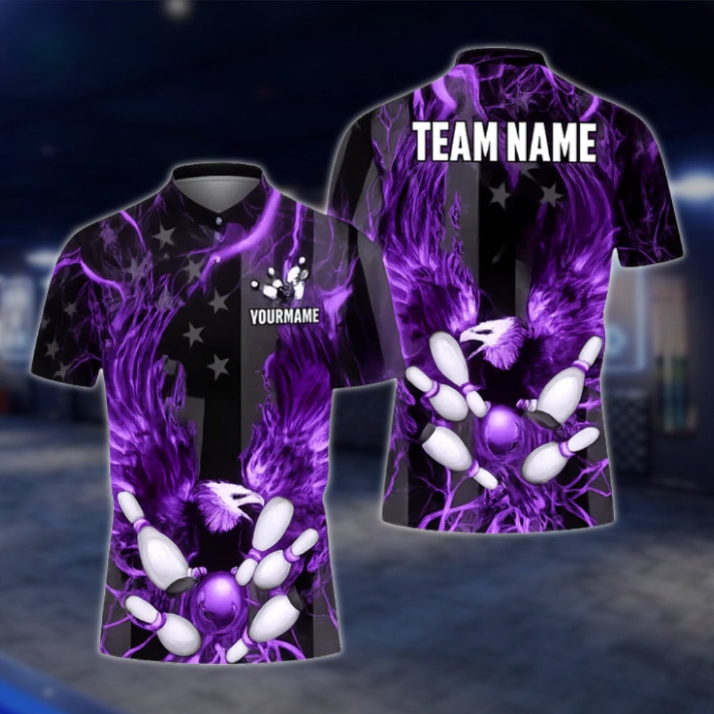 Custom Eagle Blue Black Bowling Mens Polo Shirt, Custom Eagle Bowling Shirt Team BZ0442