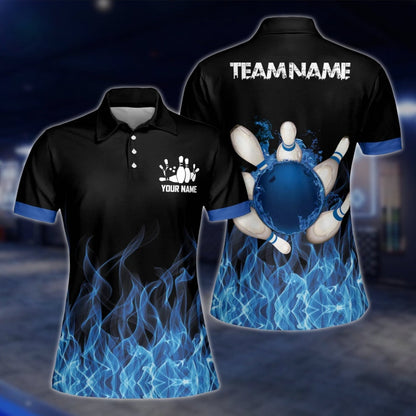 Blue Flame Custom Womens Bowling Polo Shirt, Custom Flame Bowling Team Shirts For Ladies BW0153