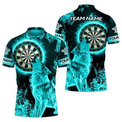 Blue Flame Wolf Men Personalized Darts Button Polo