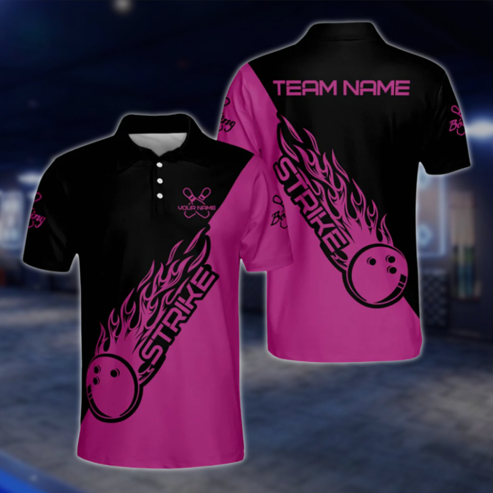 Customized Black Blue Flame Ball Strike Bowling Polo Shirts For Men, Custom Flame Bowling Team Shirts BM0304