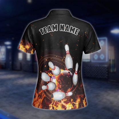 Personalized Womens Flame Bowling Polo Shirt, Custom Flame Bowling Team Shirts Ladies BZ0744