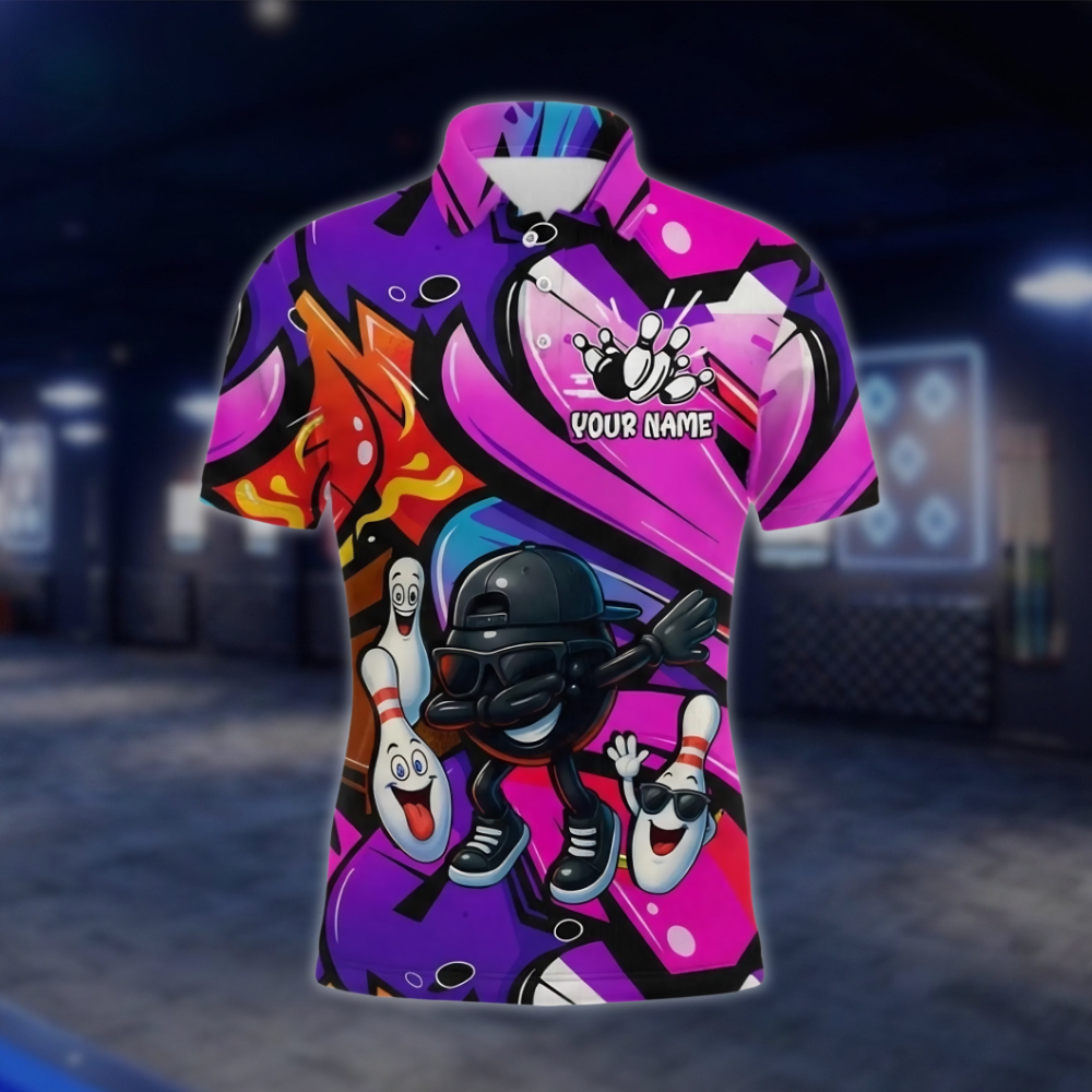 Personalized Funny Ball Pins Bowling Mens Polo Shirt Graffiti, Custom Bowling Shirt For Team BZ0957