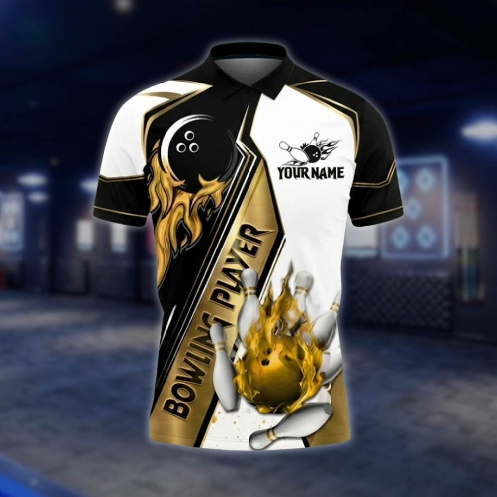 Personalized Flaming Ball Bowling Mens Polo Shirt, Black And Gold Custom Flame Bowling Team Shirt BZ0809
