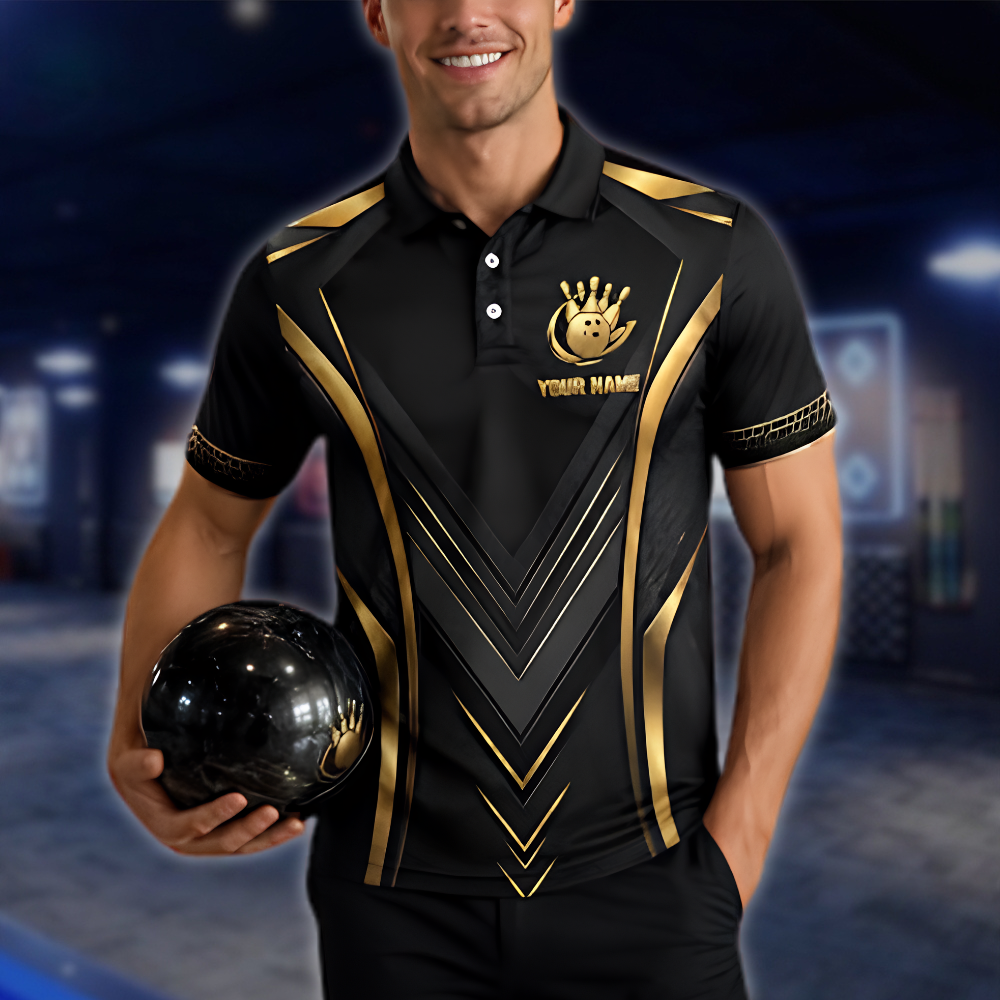 Personalized Team Golden Black Bowling Polo Shirt, Men's Custom Bowling Shirt BZ0965