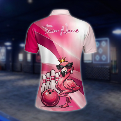 Personalized Flamingo Womens Bowling Polo Shirt, Custom Flamingo Bowling Team Shirt Ladies BZ0935