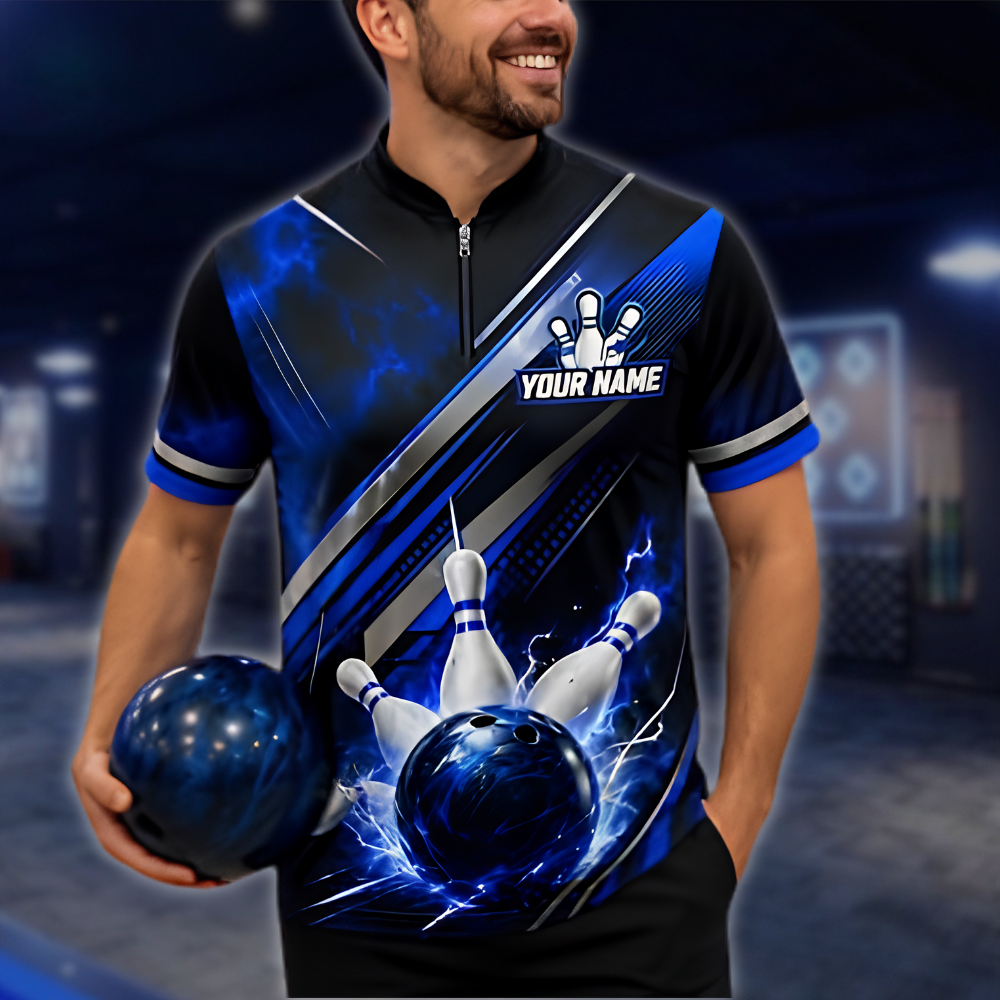 Personalized Black Blue Lightning Bowling Team Jersey, Custom Mens Bowling Shirt BZ0947