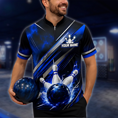 Personalized Black Blue Lightning Bowling Team Jersey, Custom Mens Bowling Shirt BZ0947
