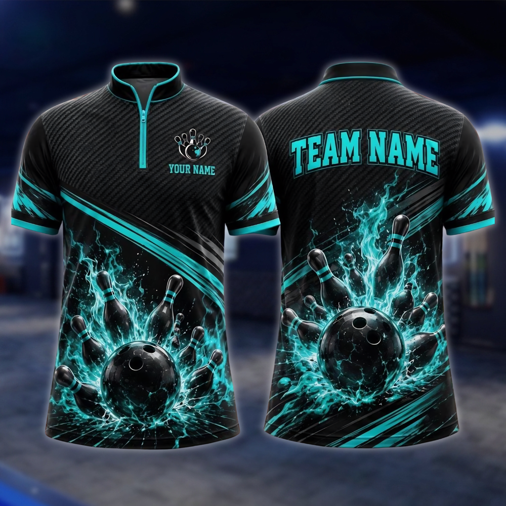 Personalized Blue Flame Lightning Bowling Jersey For Men, Custom Flame Bowling Team Shirt BE0257
