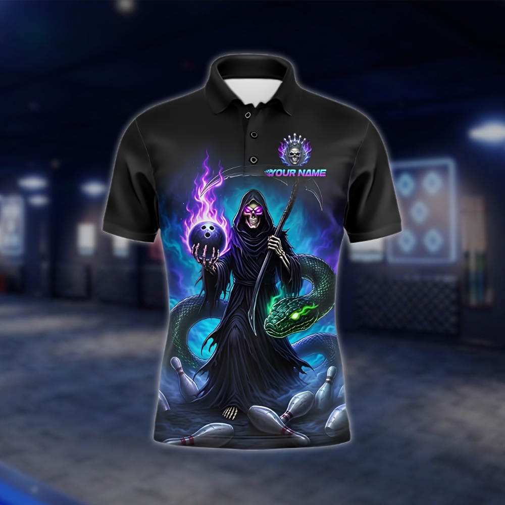 Personalized Skeleton Snake Bowling Polo Shirt Mens, Custom Skull Team Bowling Shirt BZ0915