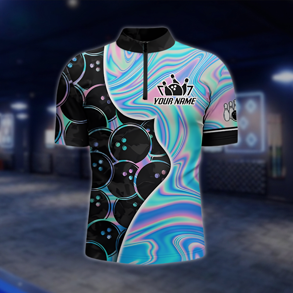 Personalized Hologram Cyan Black Bowling Jersey For Men, Custom Team Bowling Shirts BZ0889