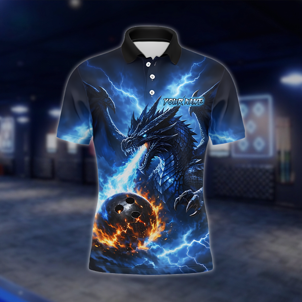 Personalized Dragon Blue Flame Thunder Bowling Mens Polo Shirt, Custom Dragon Bowling Shirt For Team BZ0893