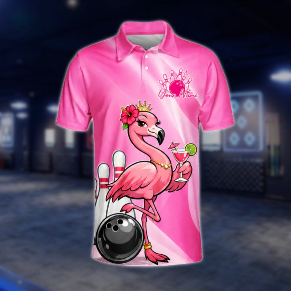 Flamingo Cocktail Custom Mens Pink Bowling Polo Shirt, Custom Flamingo Team Bowling Shirts BZ0456