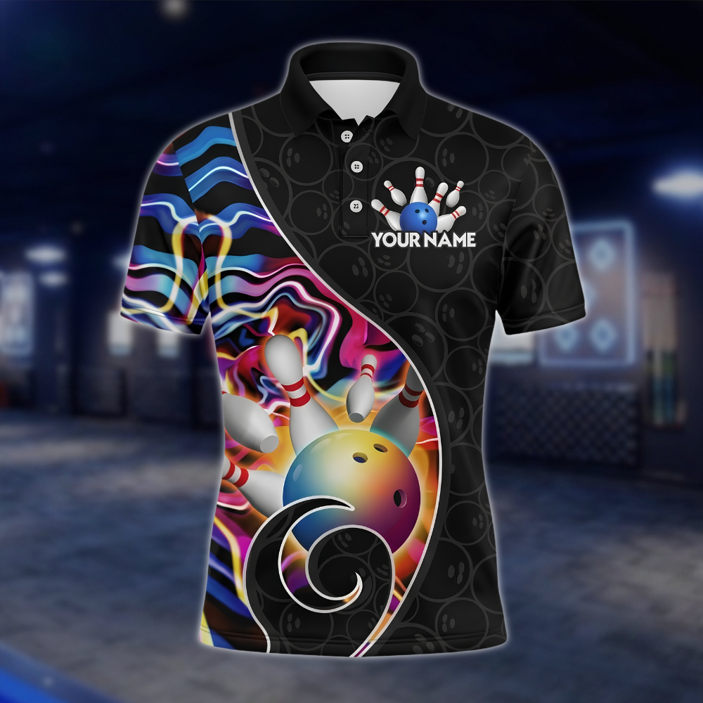 Personalized Team Multicolor Wave Bowling Polo Shirt, Men's Custom Bowling Shirt BZ0902