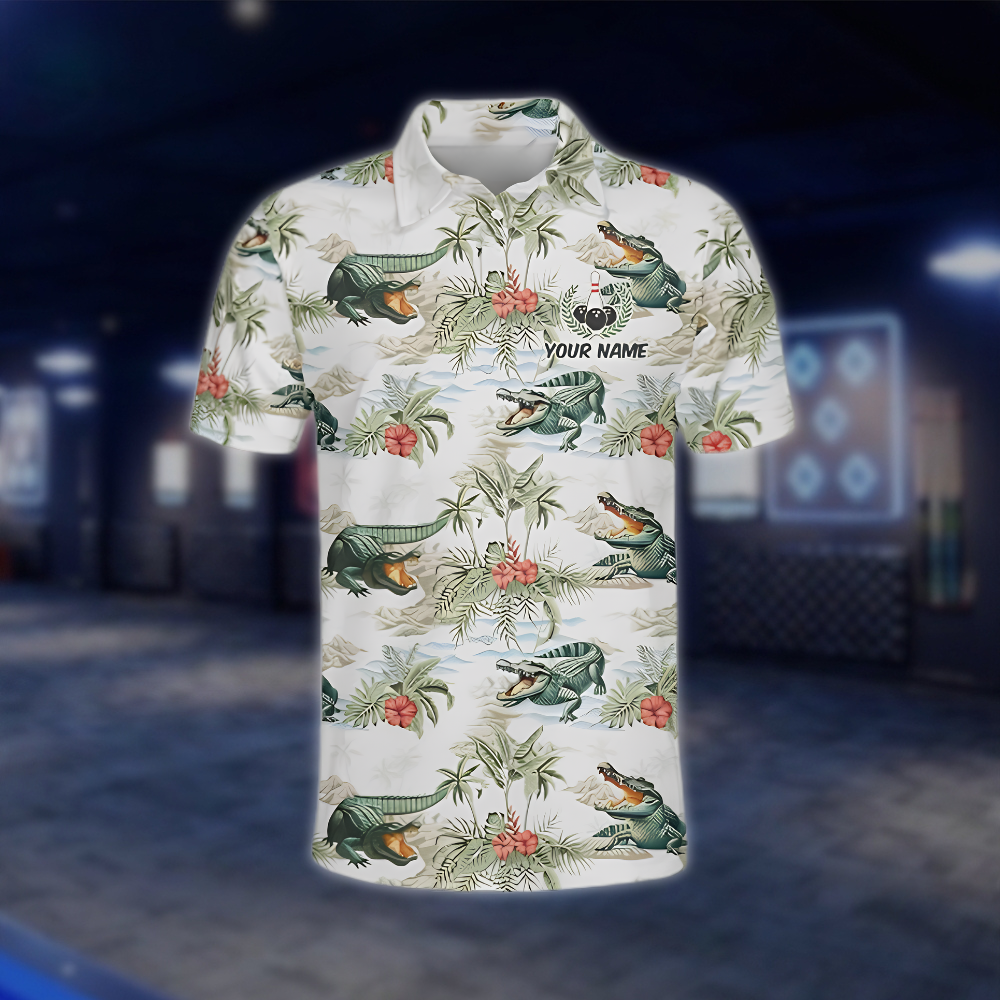Personalized Mens Alligator Tropical Bowling Polo Shirt, Custom Alligator Team Bowling Shirts BZ0959