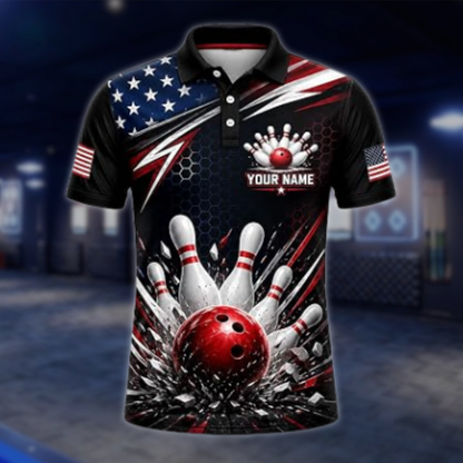 Personalized American Flag Bowling Polo Shirt Mens, Custom Patriotic Bowling Team Shirt BZ0869