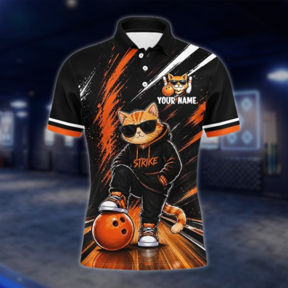 Personalized Funny Cat Bowling Mens Polo Shirt, Custom Cat Bowling Team Shirts BZ0877