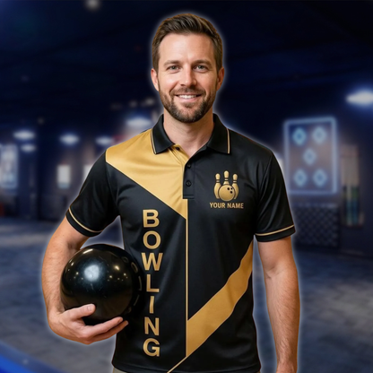 Personalized Men's Team Bowling Polo Shirt Black And Gold, Custom Bowling Team Shirts BE0240