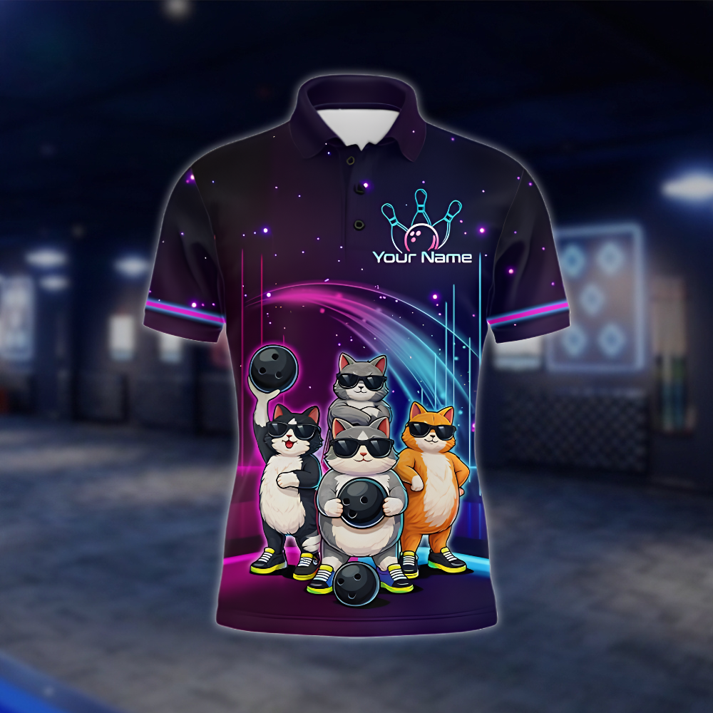 Personalized Funny Cat Bowling Polo Shirt For Men, Custom Cat Bowling Shirt For Team BZ0911