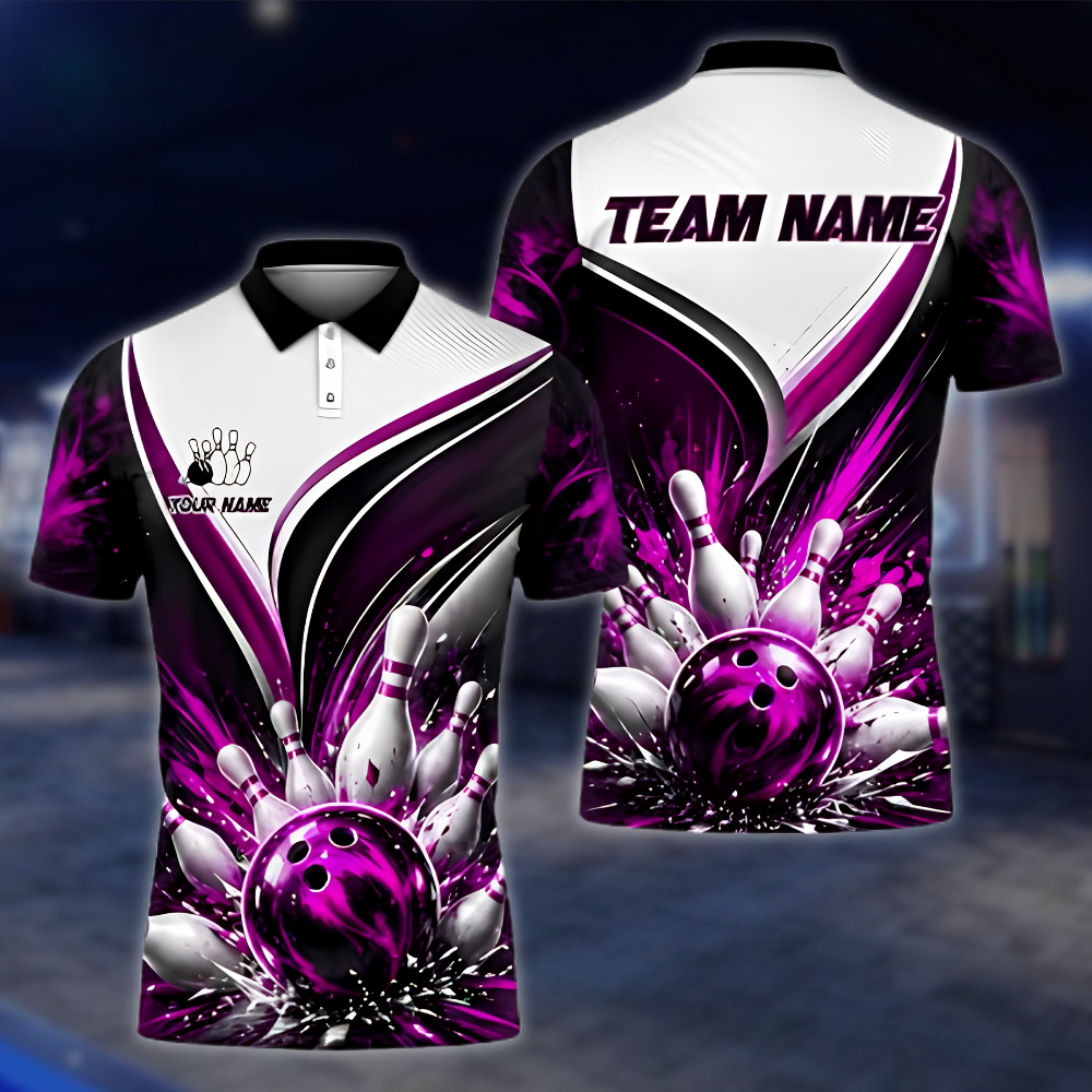 Personalized Team Bowling Mens Polo Shirt White Blue Black, Custom Bowling Team Shirts BZ0969