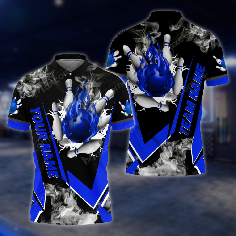 Personalized Mens Flaming Ball Bowling Polo Shirt, Custom Flame Bowling Shirt For Team BZ0811
