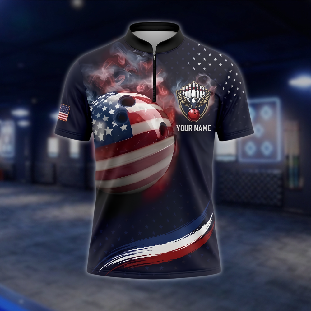 Personalized American Flag Smoke Bowling Mens Jersey, Custom Patriotic Bowling Team Shirt BZ0955