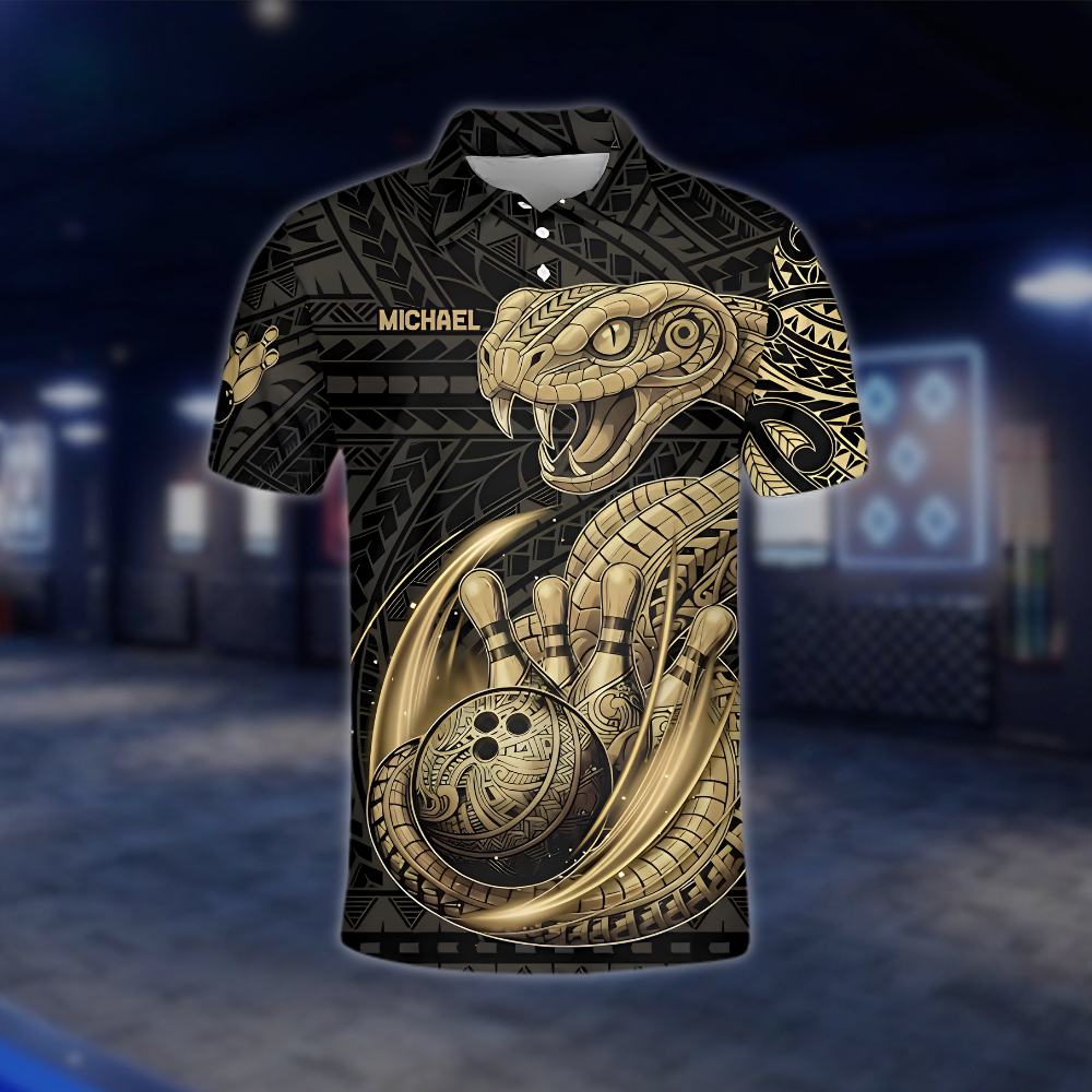 Personalized Snake Black And Gold Tribal Bowling Polo Shirt Men, Custom Snake Bowling Team Shirts BZ0963