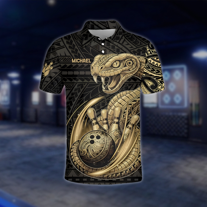 Personalized Snake Black And Gold Tribal Bowling Polo Shirt Men, Custom Snake Bowling Team Shirts BZ0963
