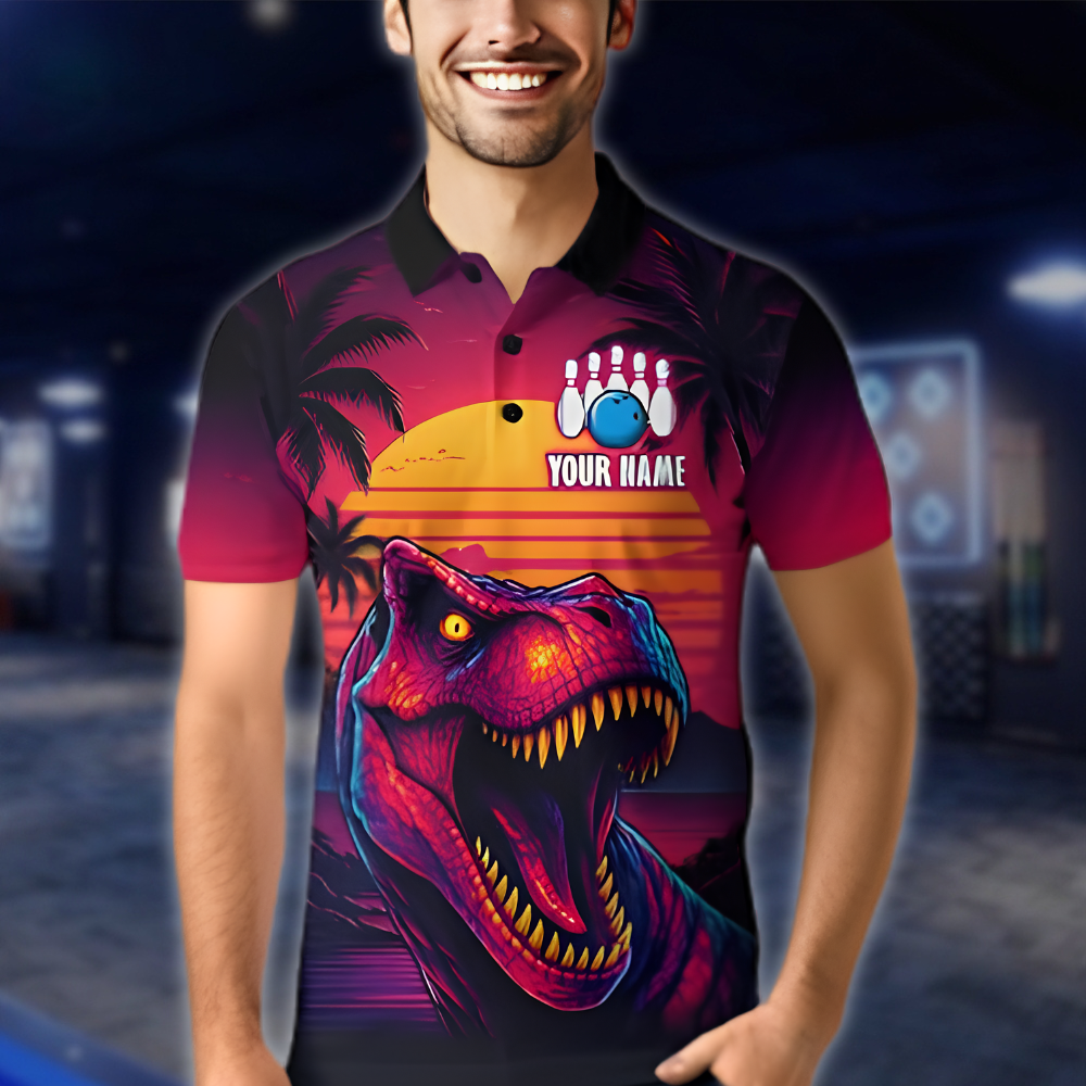 Personalized Sunset Dinosaur Bowling Polo Shirt Mens, Custom Team Dinosaur Bowling Shirt BZ0879