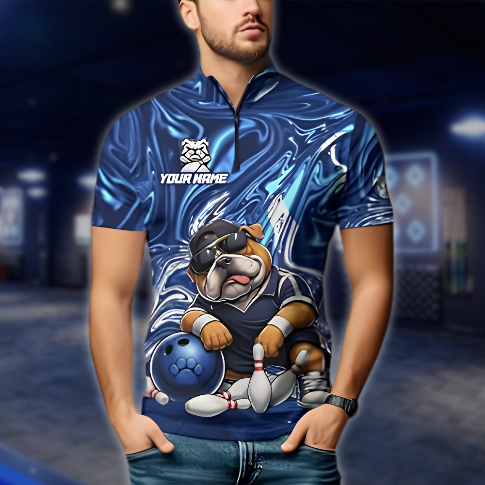 Personalized Bulldog Blue Bowling Jersey For Men, Custom Bulldog Bowling Shirt For Team BZ0884