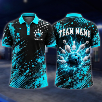 Personalized Thunder Bowling Mens Polo Shirts Black And Blue, Custom Thunder Bowling Team Shirts BE0241