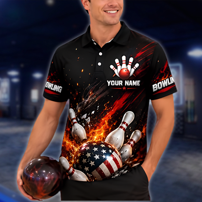 Personalized American Flag Ball Fire Bowling Polo Shirt Men, Custom Patriotic Bowling Shirt Team BZ0968
