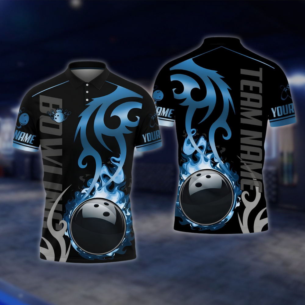 Personalized Flame Black Gold Bowling Polo Shirt, Custom Flame Bowling Shirt For Team BZ0905