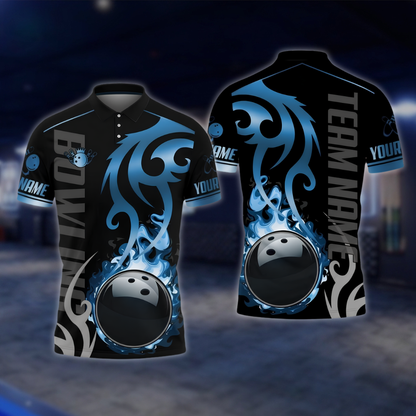 Personalized Flame Black Gold Bowling Polo Shirt, Custom Flame Bowling Shirt For Team BZ0905