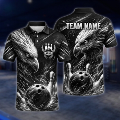 Personalized Eagle Golf Black Men's Bowling Polo Shirt, Custom Eagle Bowling Shirt For Team BZ0871