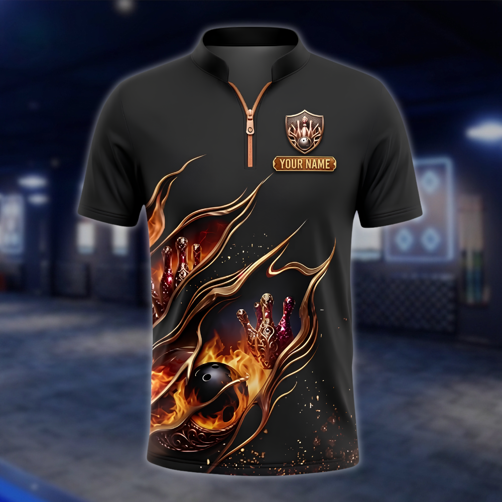 Personalized Fire Black Gold Bowling Jersey For Men, Custom Flame Bowling Team Shirt BZ0949