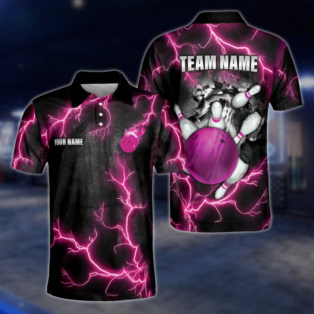 Custom Thunder Pink Bowling Polo Shirt For Mens, Custom Thunder Bowling Team Shirts BE0043