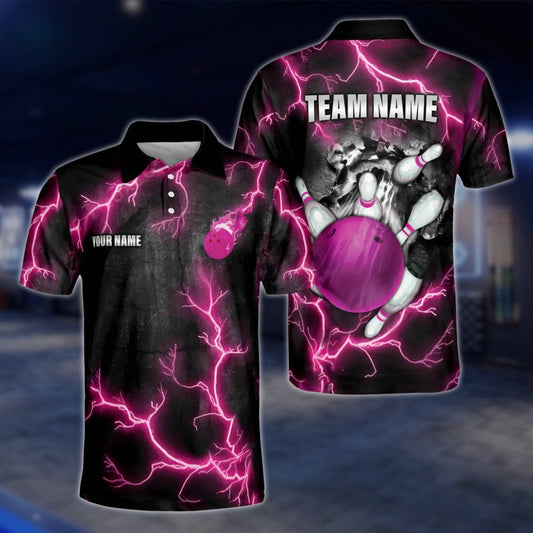 Custom Thunder Pink Bowling Polo Shirt For Mens, Custom Thunder Bowling Team Shirts BE0043