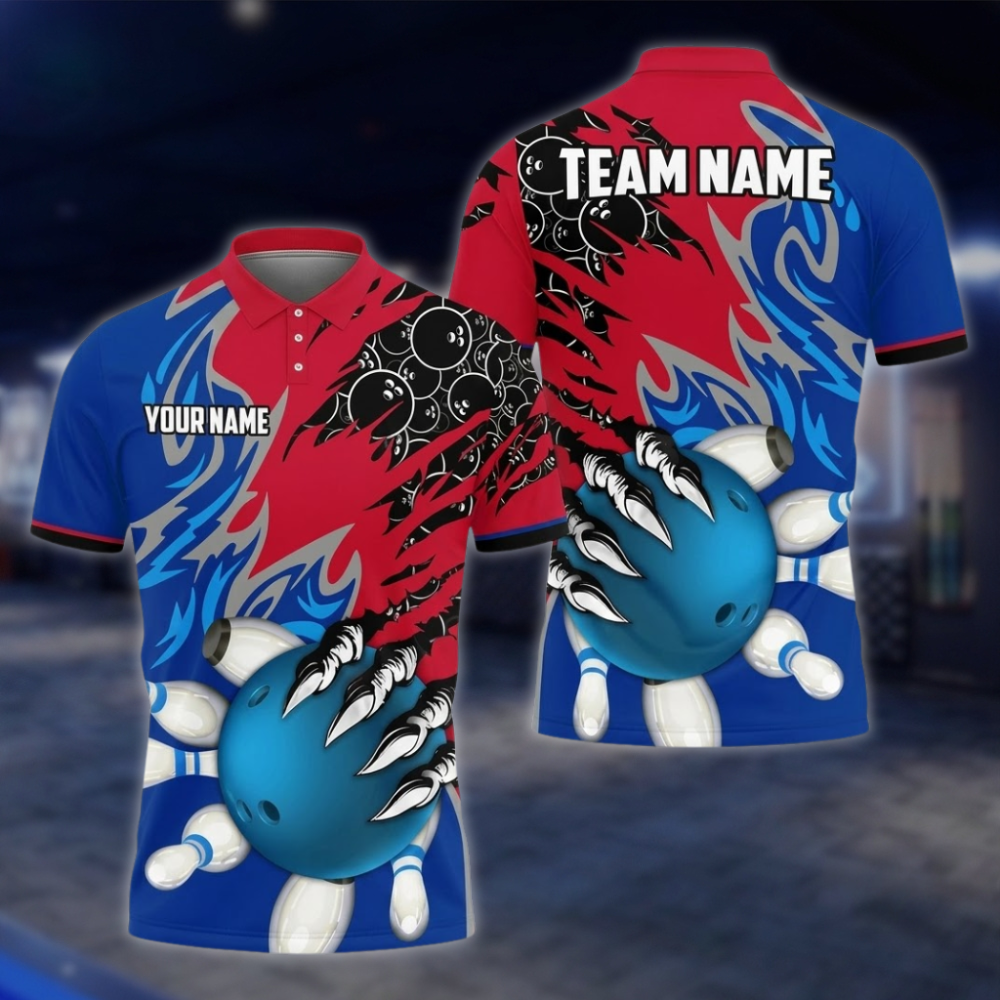 Personalized Team Orange Blue Grunge Bowling Polo Shirt, Custom Bowling Shirt For Men BZ0855