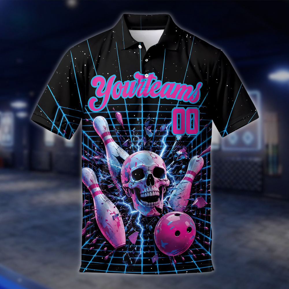 Personalized Skull Pink Black Bowling Polo Shirt For Men, Custom Skull Bowling Team Shirt BE0248