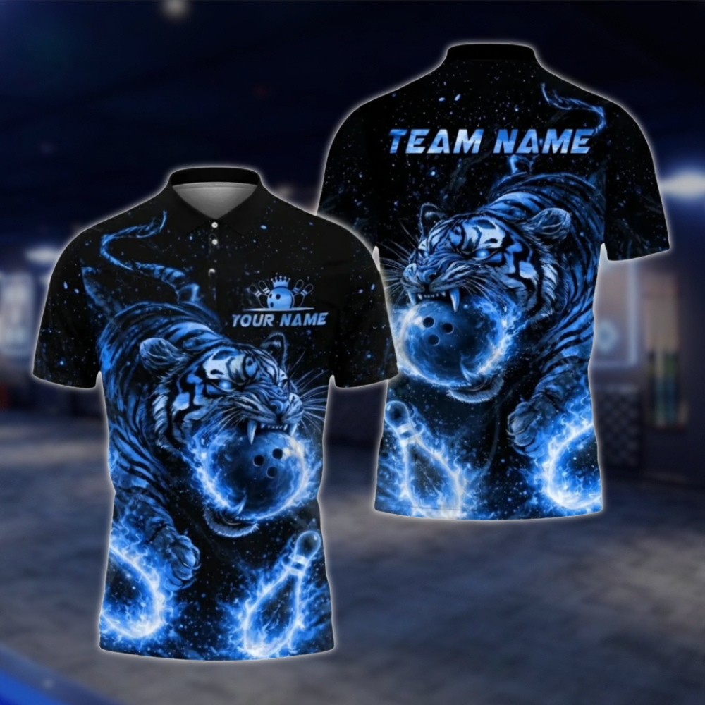 Personalized Tiger Flaming Ball Bowling Polo Shirt For Men, Custom Tiger Bowling Shirt Team BZ0805